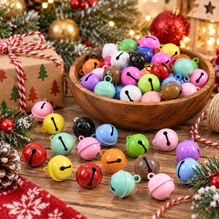 Colorful painted round bell charms with black clapper details and top attachment loops