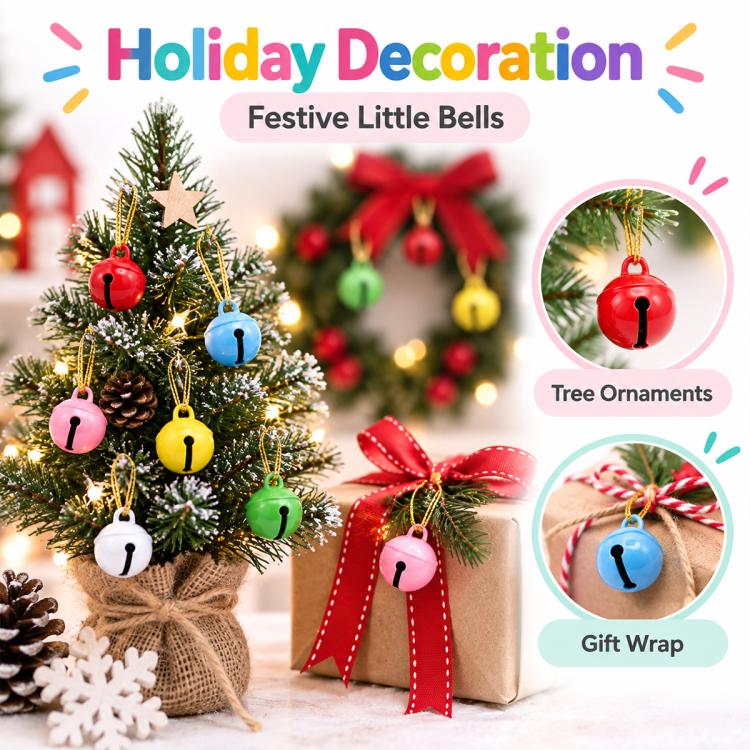 Small round bell charms hanging on a decorated Christmas tree and gift wrap
