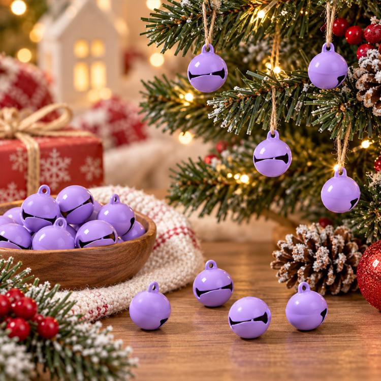 Purple painted small round bell charms, 14mm, hanging ornaments and loose charms in a bowl