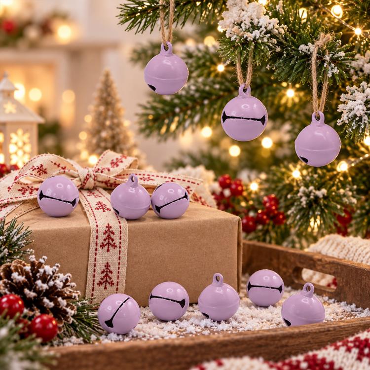 Purple painted small round bell charms, 14mm, hanging ornaments on a tree with gift box