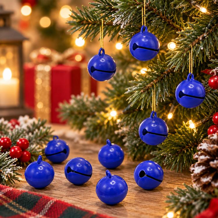 Blue painted small round bell charms, 14mm, hanging ornaments and loose charms on a table