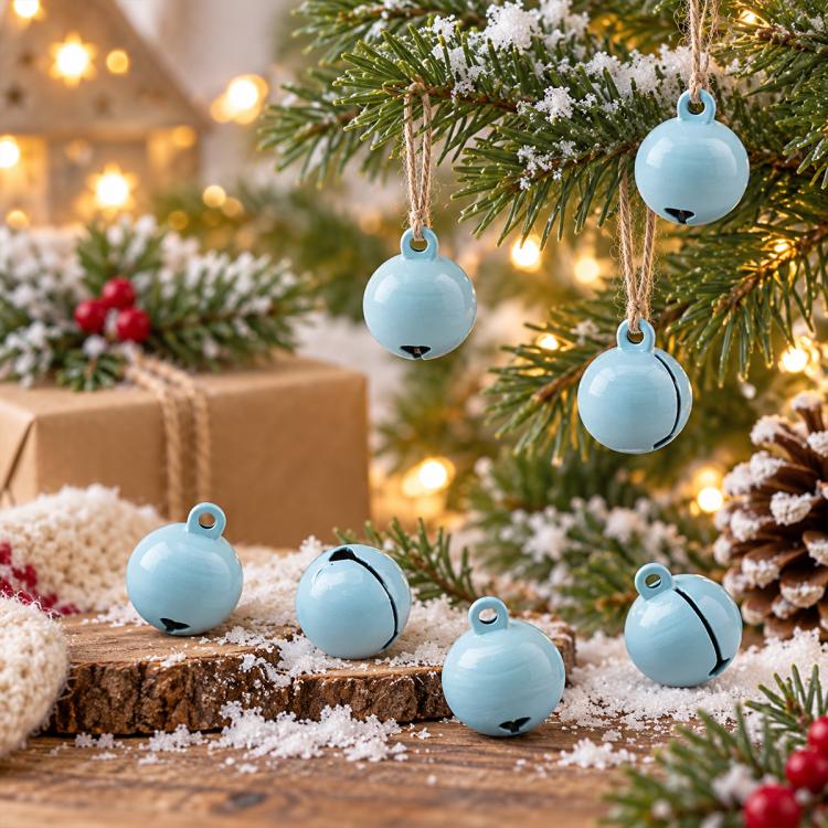 Light blue painted small round bell charms, 14mm, hanging ornaments dusted with snow