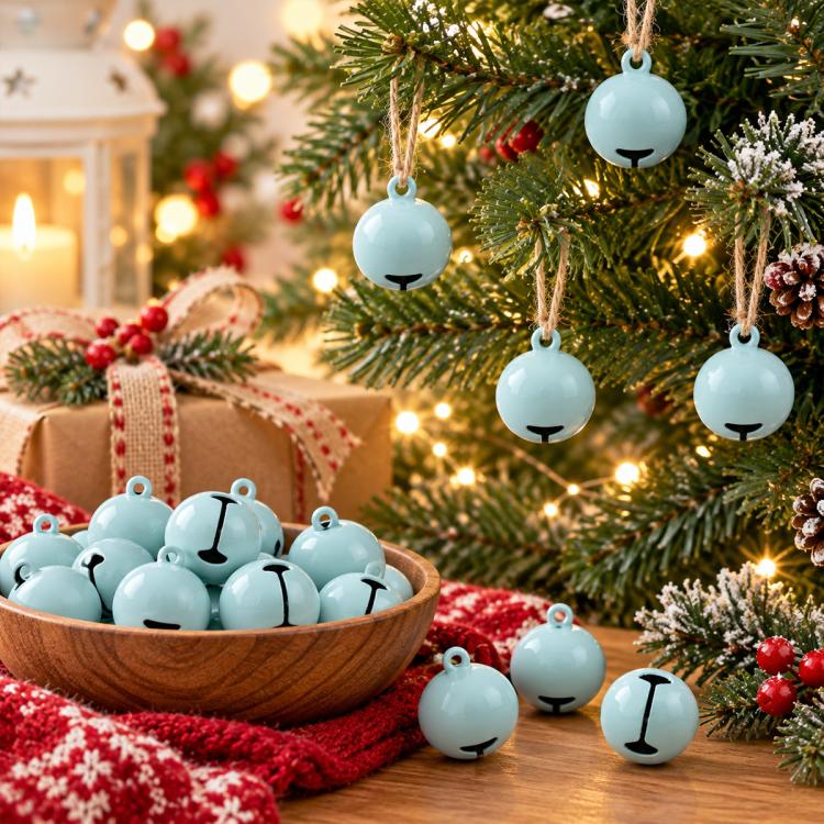 Light blue painted small round bell charms, 14mm, hanging ornaments beside a bowl of charms