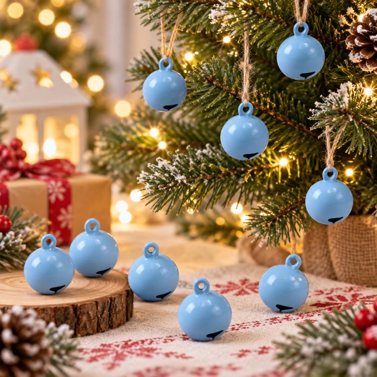 Light blue painted small round bell charms, 14mm, hanging ornaments and loose charms on wood