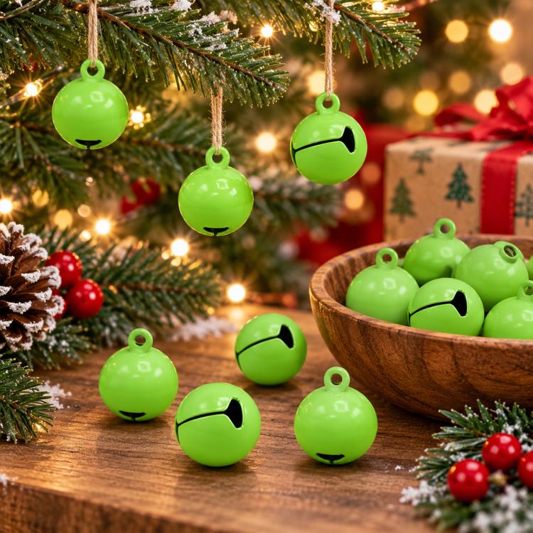 Green painted small round bell charms, 14mm, hanging ornaments and loose charms in a bowl