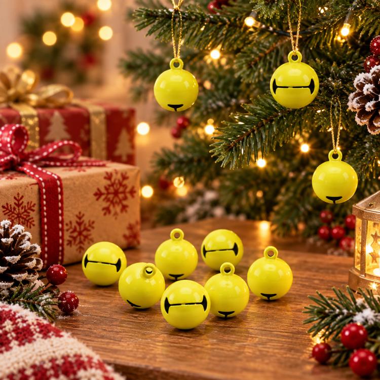 Yellow small round painted bell charm with hanging loop and face lines.