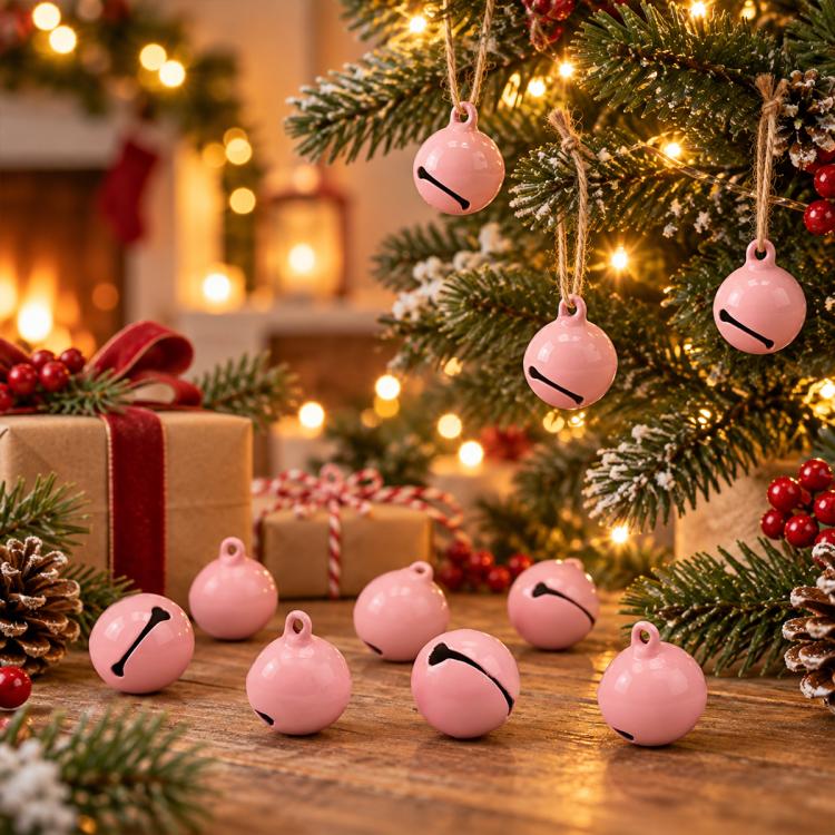 Pink small round painted bell charm with hanging loop and face lines.
