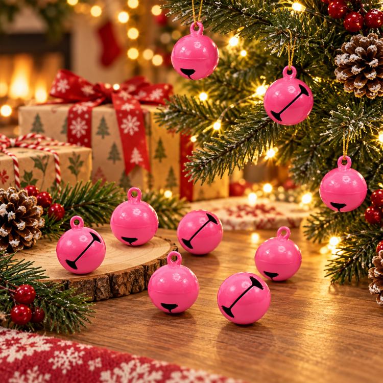 Magenta pink small round painted bell charm with hanging loop and face lines.