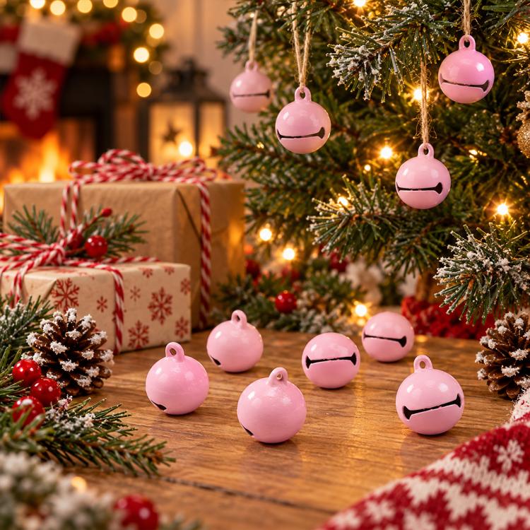 Light pink small round painted bell charm with hanging loop and face lines.