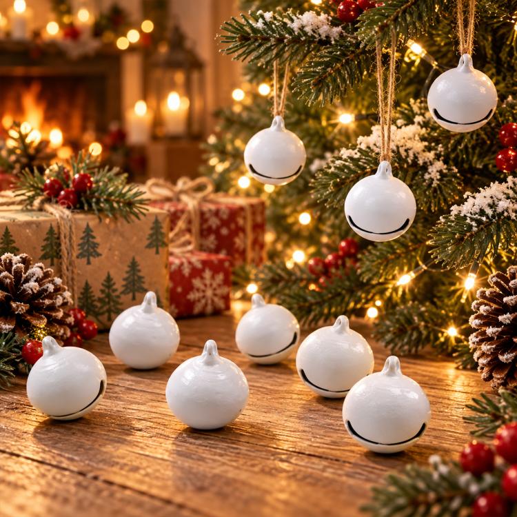 White round bell charms with black clapper and small hanging loops, on a wooden surface