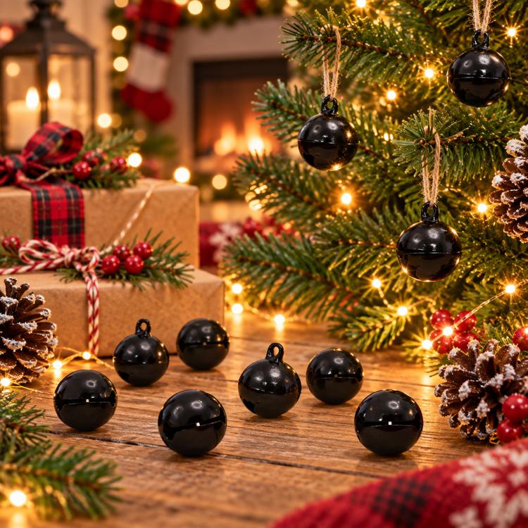 Black round bell charms with hanging loops and black clappers, arranged for decoration