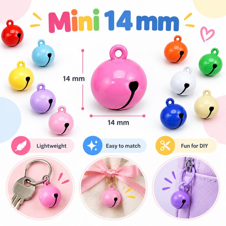 Mini 14mm round bell charms in mixed colors, each with a hanging loop and face