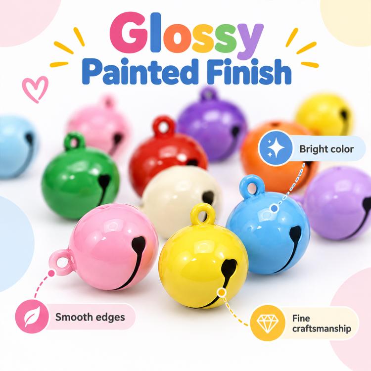 Glossy painted round bell charms with hanging loops, multicolor set for DIY projects