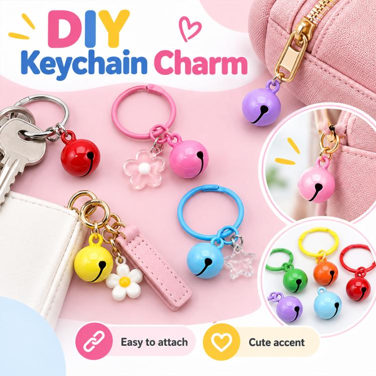 Round bell keychain charms with hanging loops and painted faces, mixed colors for accessories