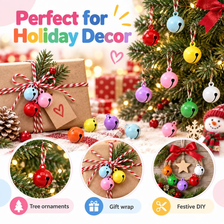 Holiday decor ornaments made from small round bell charms, multicolor hanging on tree