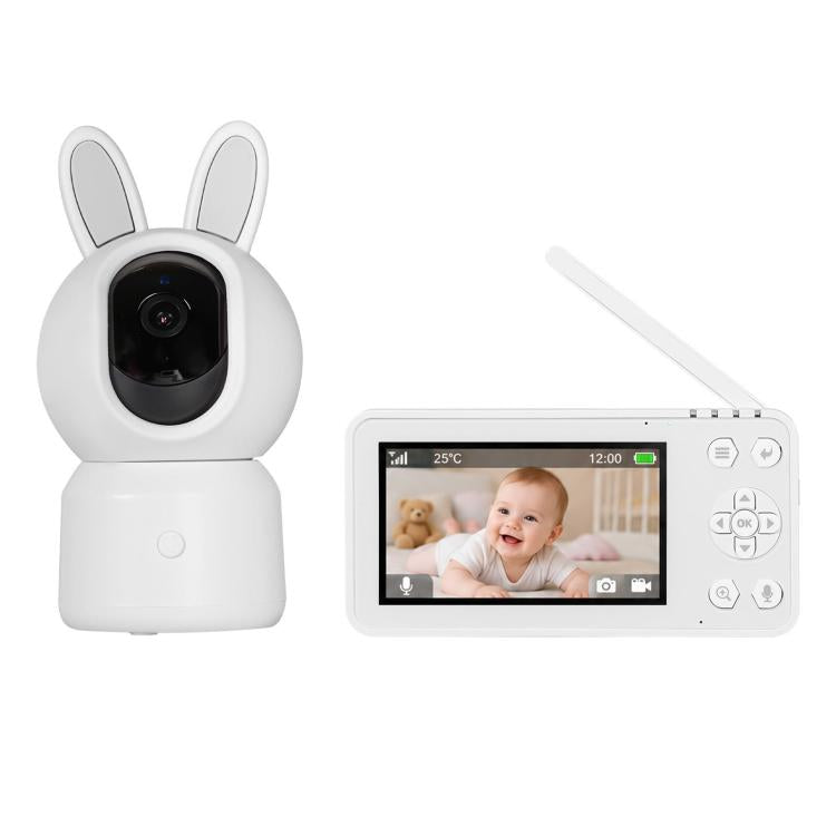 White WiFi baby monitor with rabbit-camera design and 4.5-inch screen display