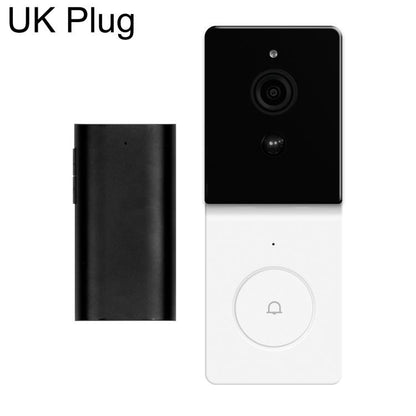Black and white smart WiFi video doorbell camera with UK plug and two-way audio.