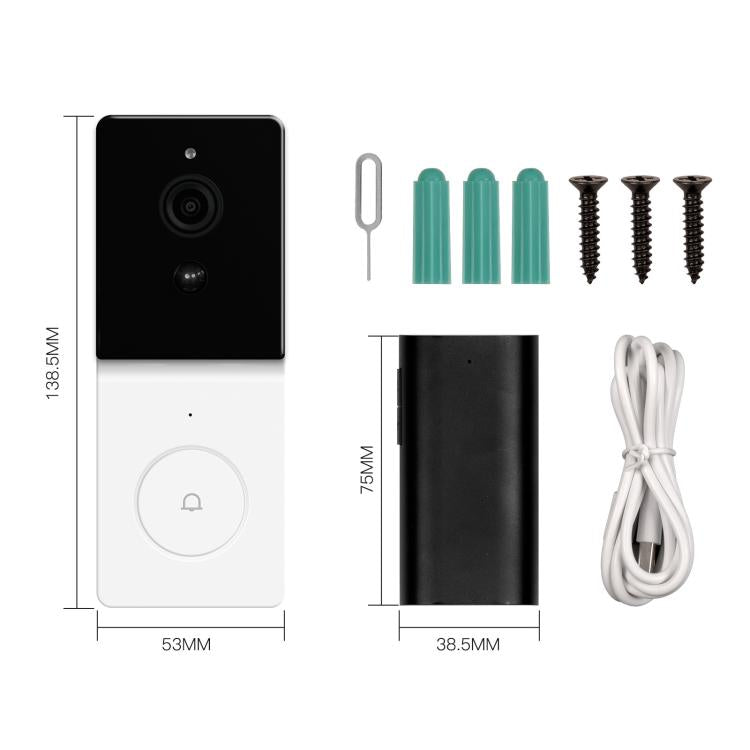 Smart WiFi video doorbell camera with mounting screws, spacers, and cable; dimensions shown.