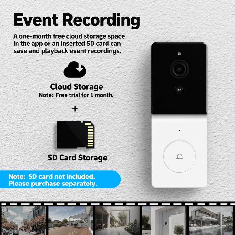 Smart video doorbell camera with indoor chime base, showing lens and front button