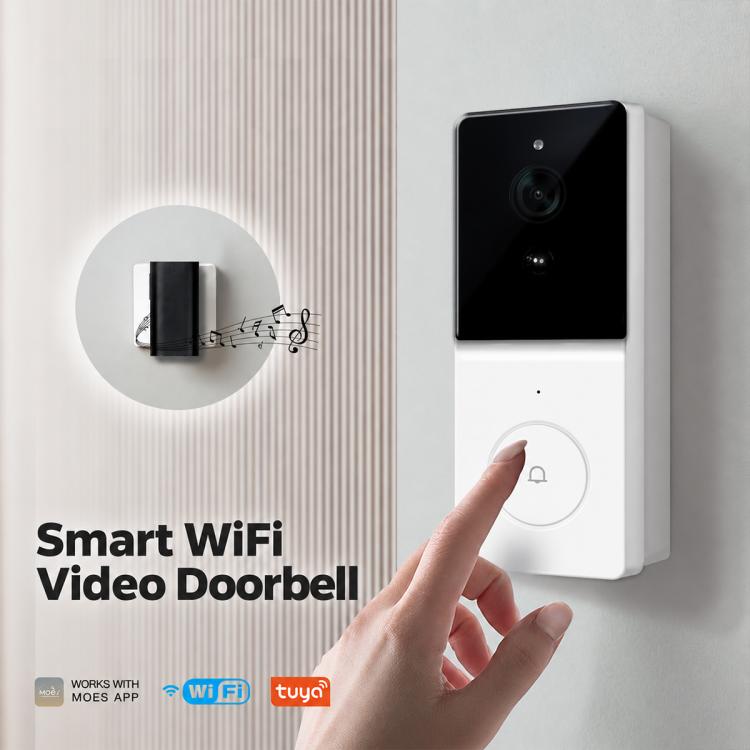 Smart WiFi video doorbell camera on wall with finger pressing the round doorbell button.