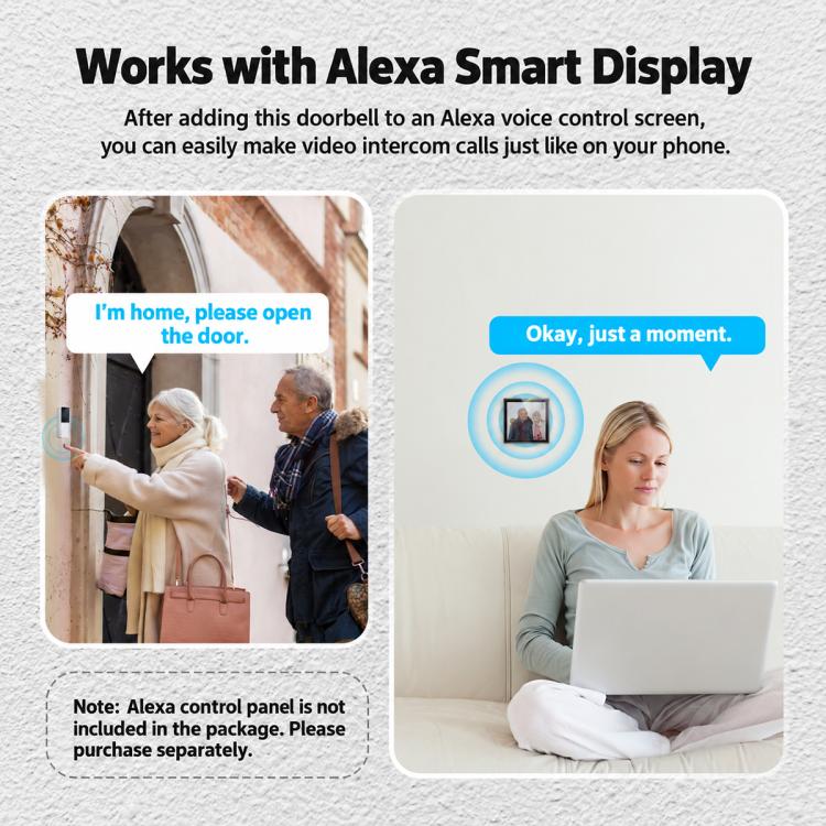 Smart WiFi video doorbell camera with Alexa smart display call shown on a phone screen.