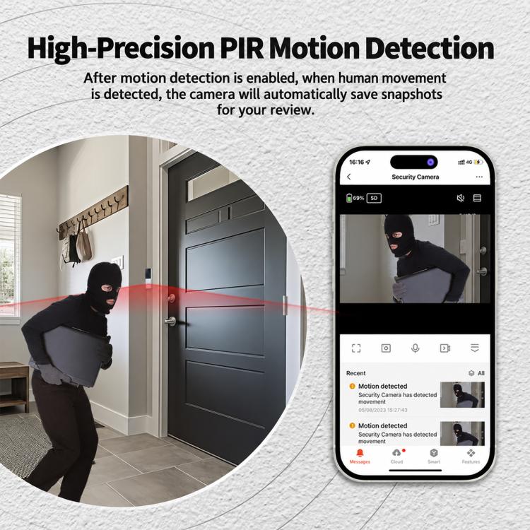 Smart WiFi video doorbell camera with motion detection alert shown on a phone screen.