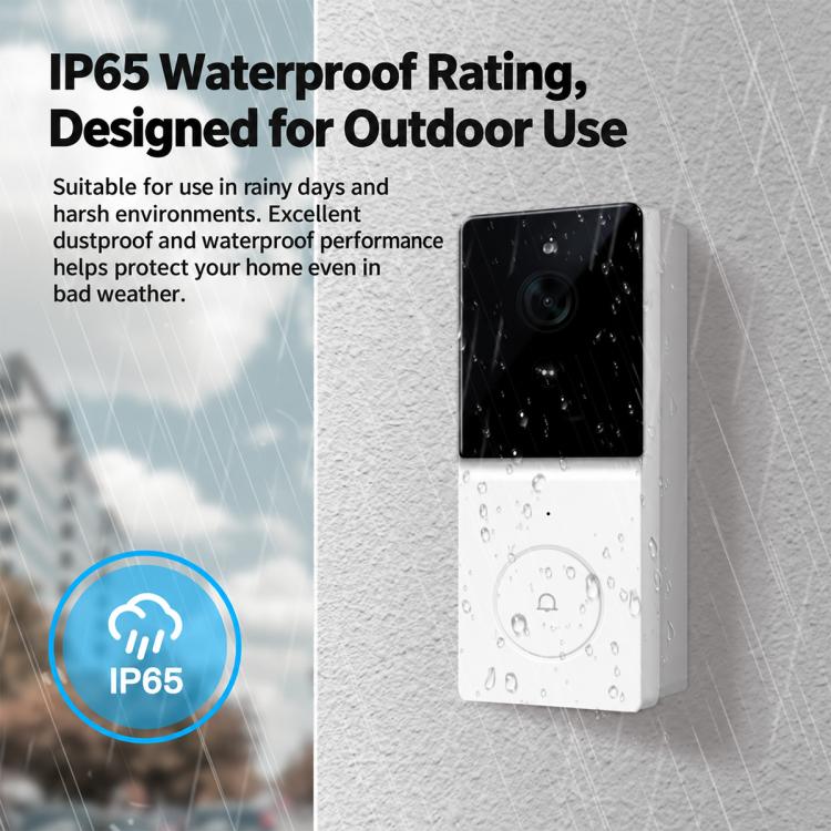 Smart WiFi video doorbell camera with IP65 waterproof rating and rain droplets on the lens.