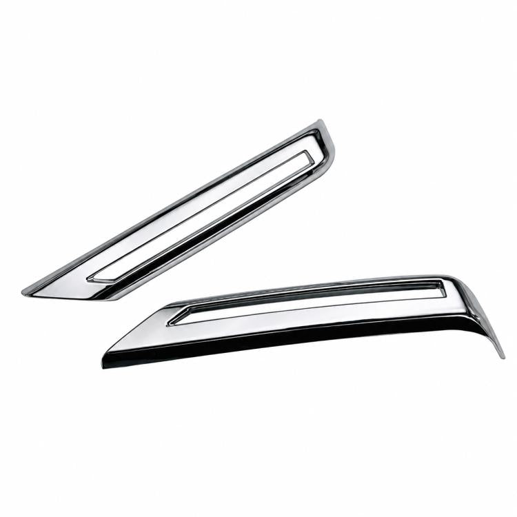 Two chrome rear bumper fog light trim bezels with long rectangular frames