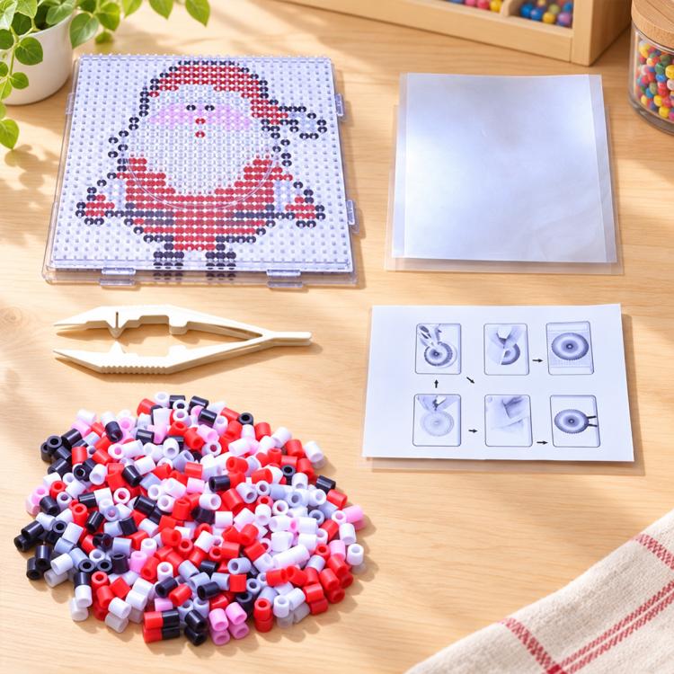 Snowman fuse bead pattern board with red and white beads and template guide card