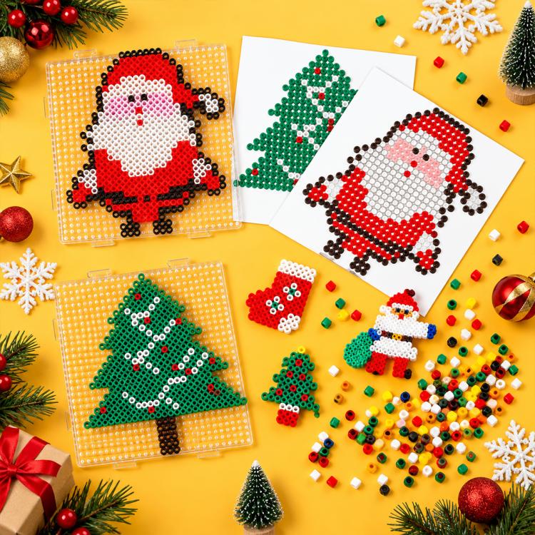 Christmas fuse bead boards with Santa, tree, and ornament designs and scattered beads