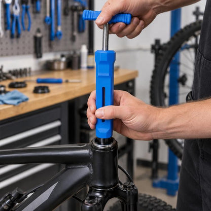 Blue bicycle brake caliper piston reset tool with threaded rod held on a fork crown
