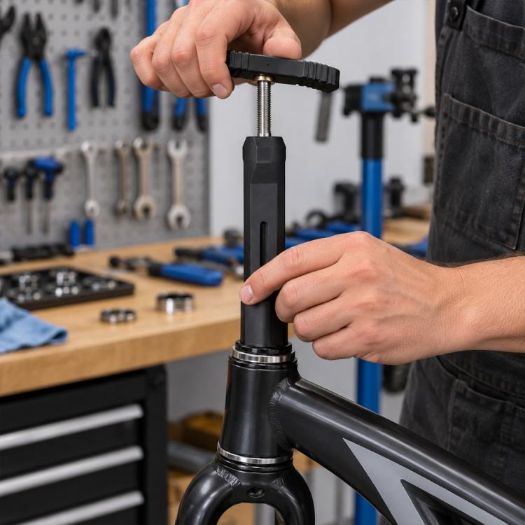 Blue brake caliper piston reset tool being positioned on a bicycle fork with threaded rod