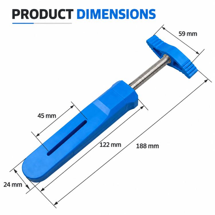 Blue brake caliper piston reset tool with threaded rod, shown with product size guide