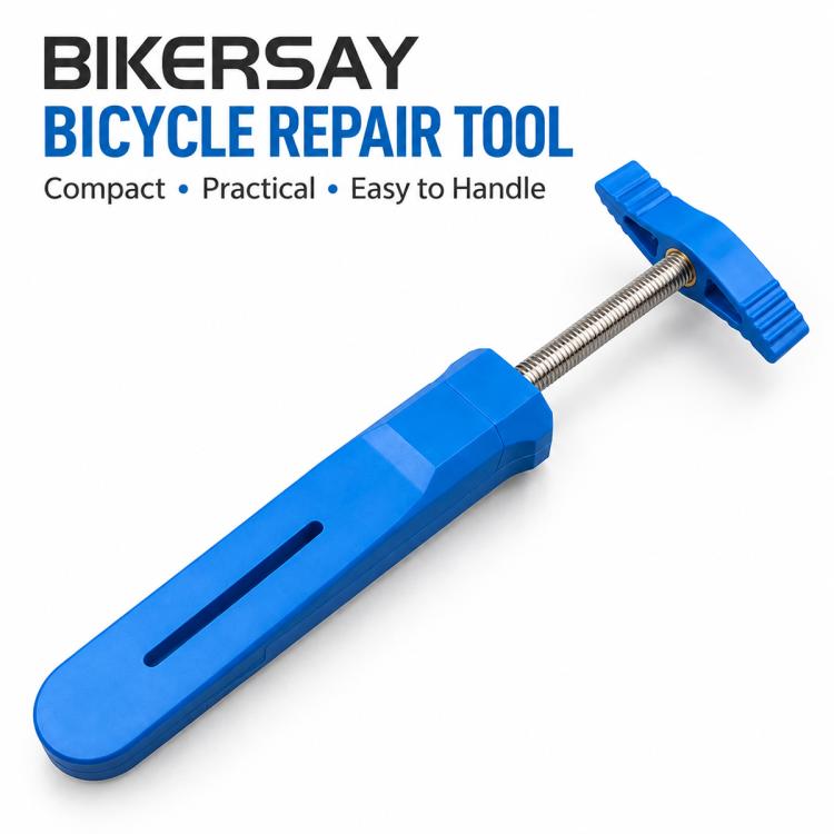Blue bicycle brake caliper piston reset tool with long threaded rod and grip handle