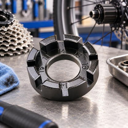 Black bicycle spoke wrench tool with numbered hex openings around the center hole