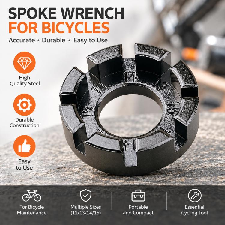 Dark bicycle spoke wrench with multiple hex jaw sizes around the central mounting hole