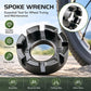 Black spoke wrench tool for wheel truing with numbered hex openings around center