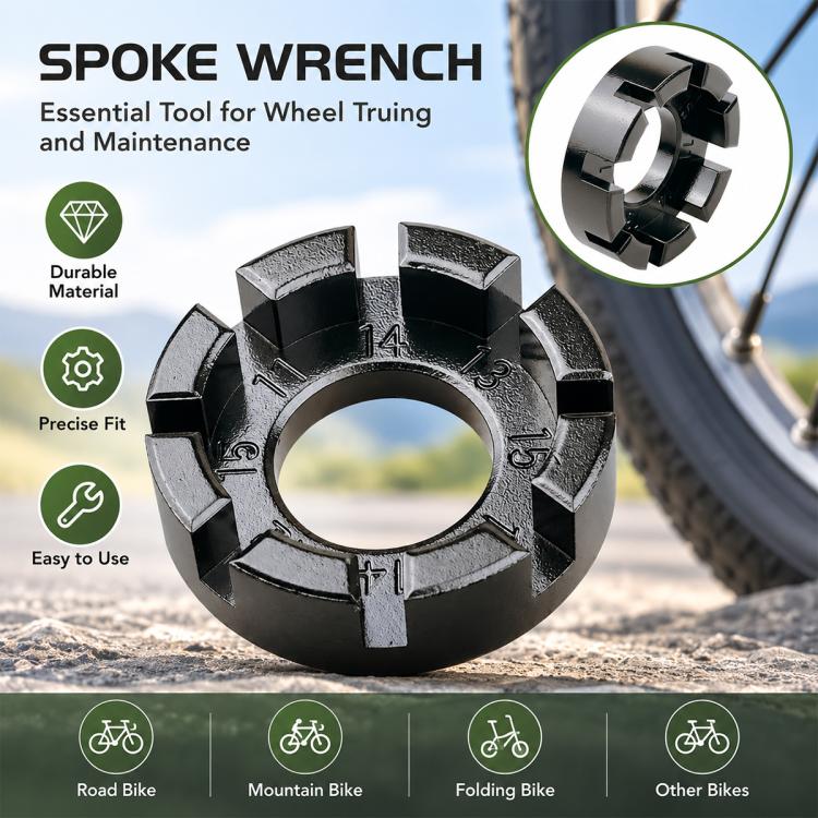 Black spoke wrench tool for wheel truing with numbered hex openings around center