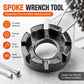 Bicycle spoke wrench tool, dark metal, with wide hex openings and center ring