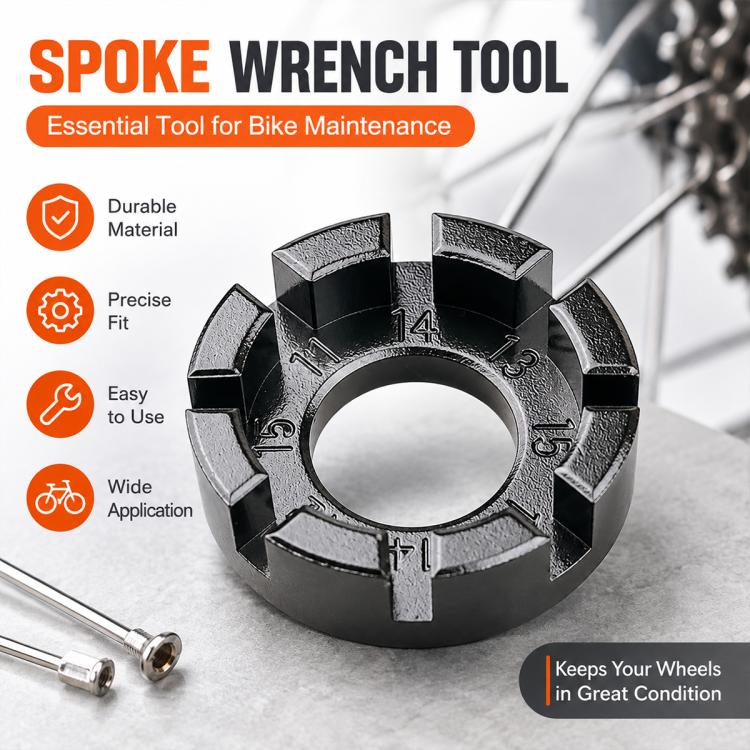 Bicycle spoke wrench tool, dark metal, with wide hex openings and center ring