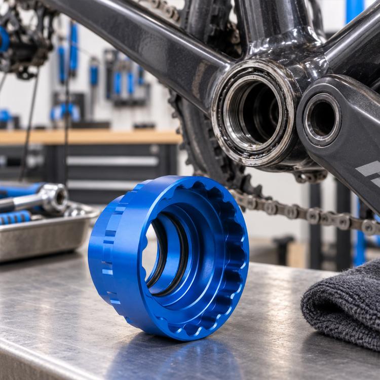 Bicycle chainring tool, blue anodized metal ring with wrench interface