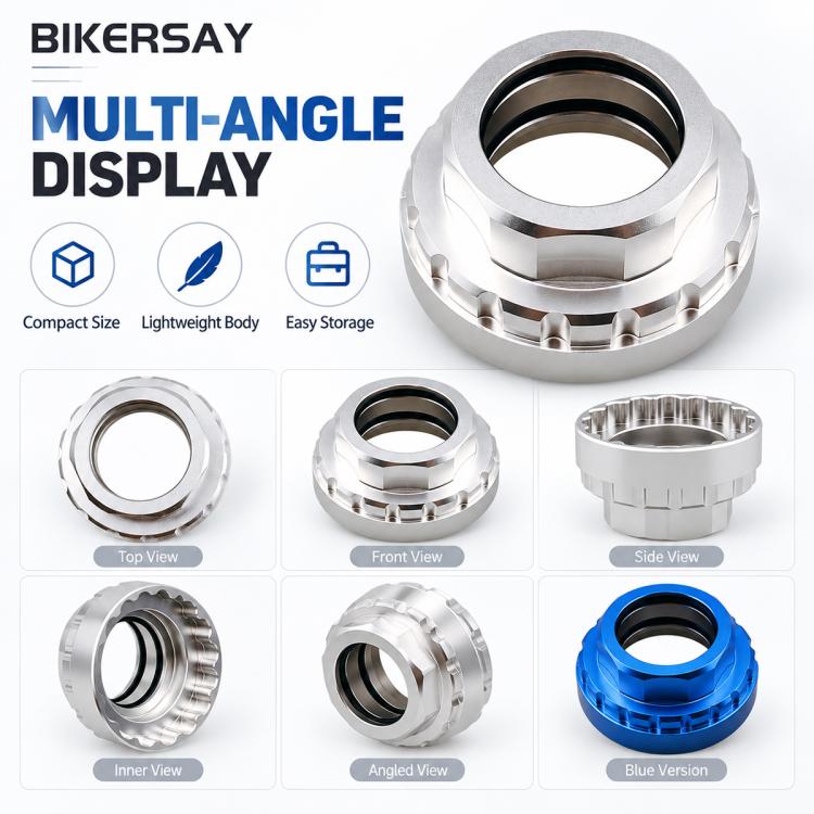 Bicycle chainring tool with multiple angle views, silver and blue versions