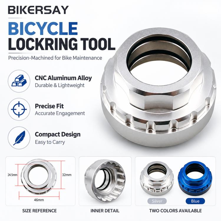 Bicycle lockring tool, silver metal ring; blue option shown
