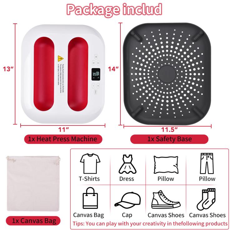 Heat press machine kit with safety base, canvas bag, and included accessories