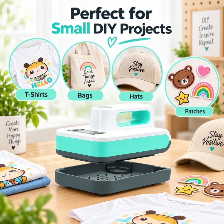 Portable heat press machine for small DIY projects with turquoise display window
