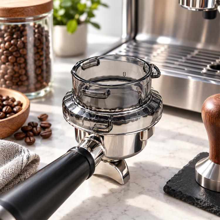 54mm clear coffee dosing funnel with anti-spill ring and black handle, chrome tabs