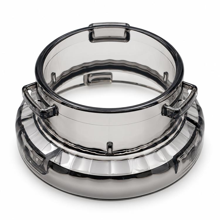 Clear 54mm coffee dosing funnel anti-spill ring with snap tabs, top view