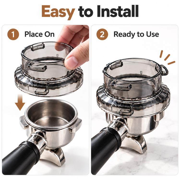 Clear 54mm coffee dosing funnel with snap tabs for easy installation, set on portafilter