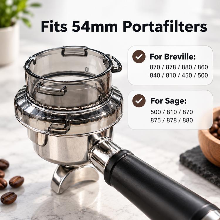 54mm coffee dosing funnel anti-spill ring with black grip and stainless base