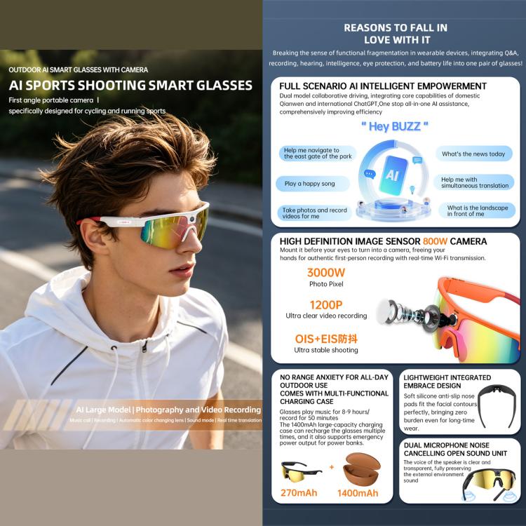 Q02 Ultra Cycling AI Smart Glasses with 8MP Camera, AI Translation, Video Recording, Voice Assistant, Ice Green Lens, Ice Purple Lens, Orange Lens, Gold Yellow Lens, Sunglasses Lens, Transparent Lens